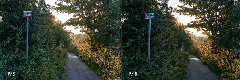 Tree-lined path with caution sign, comparing f/8 and f/16 aperture settings side by side.