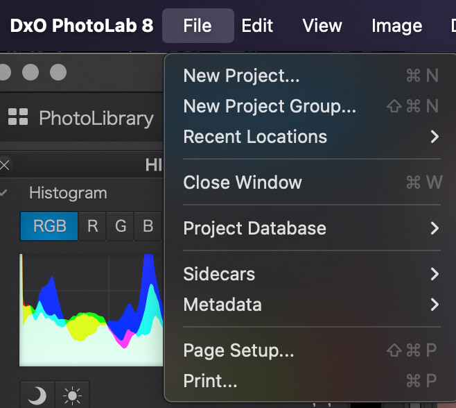 Screenshot of DxO PhotoLab 8 File menu showing New Project, Recent Locations, Project Database, and other editing options.