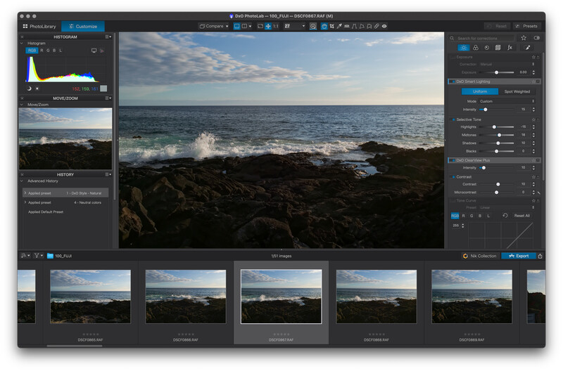 Screenshot of photo editing software displaying a coastal landscape with waves and rocky shoreline.