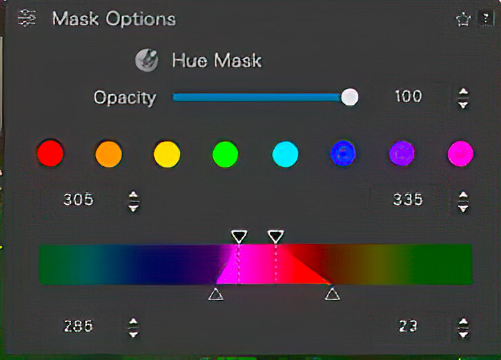 Screenshot of Hue Mask dialog showing color selection interface with opacity slider and gradient spectrum.