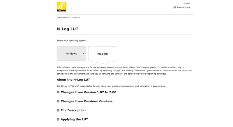Screenshot of Nikon's N-Log LUT download page with operating system selection options.
