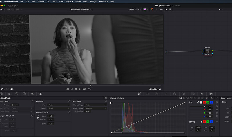 Screenshot of professional video editing software showing color grading interface with histogram and curves adjustment tools.