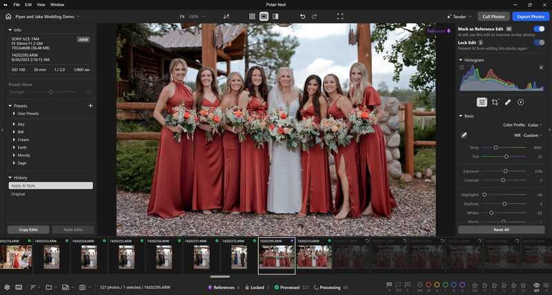 Screenshot of photo editing software showing a bridal party in coordinated red dresses with the bride in white, displayed in the main editing window with adjustment panels on the right.