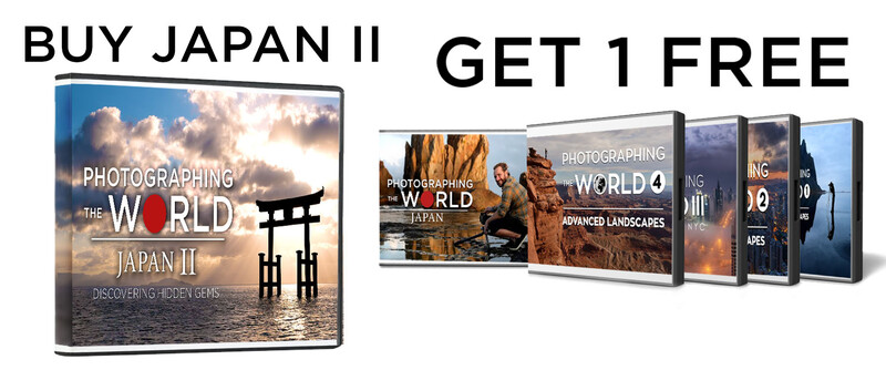 Promotional graphic for photography education product featuring Japan II course with torii gate at sunset on left and five instructional course boxes on right.