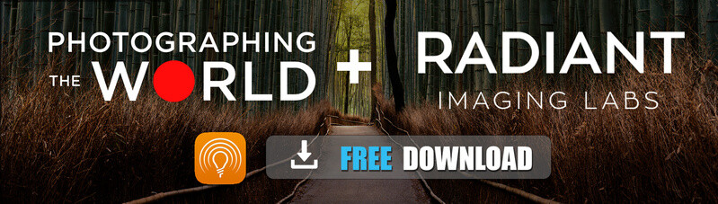 Promotional banner for Photographing the World and Radiant Imaging Labs with forest path and download button.