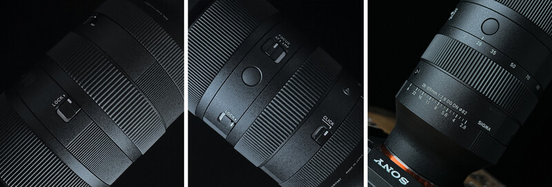 Three Sigma camera lenses with focus rings and depth-of-field markings displayed against dark backgrounds.