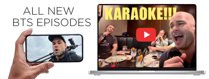 Graphic comparing BTS episodes on a smartphone screen with a karaoke video on a laptop screen.