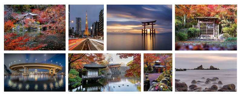 Grid of eight landscape and architectural photographs showcasing autumn foliage, urban cityscapes, serene water scenes, and traditional Asian structures.