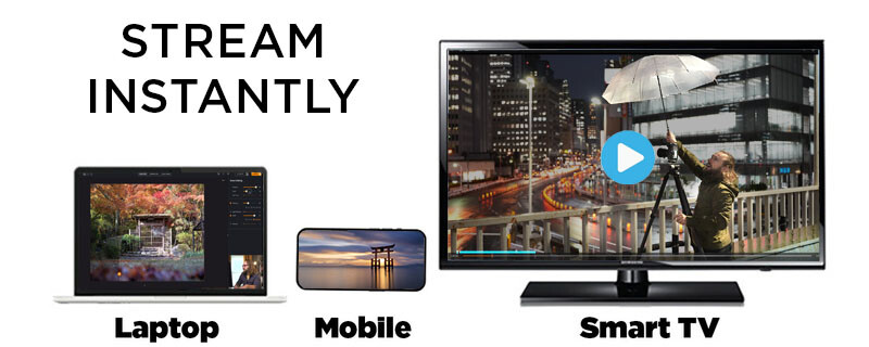 Graphic showing streaming capability across laptop, mobile phone, and smart TV displays.