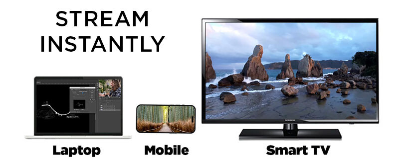 Graphic illustrating multi-device streaming capability showing a laptop, smartphone, and smart TV displaying video content.