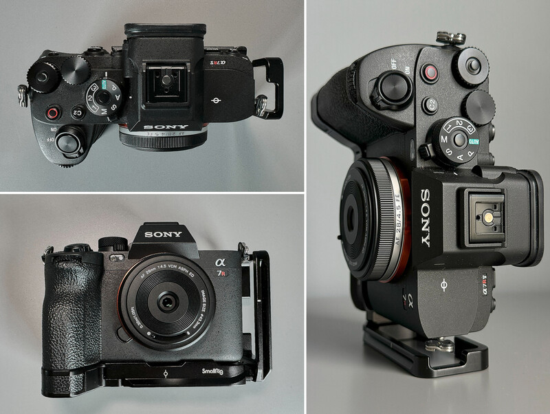 Four overhead views of professional cinema cameras and accessories with grip equipment.