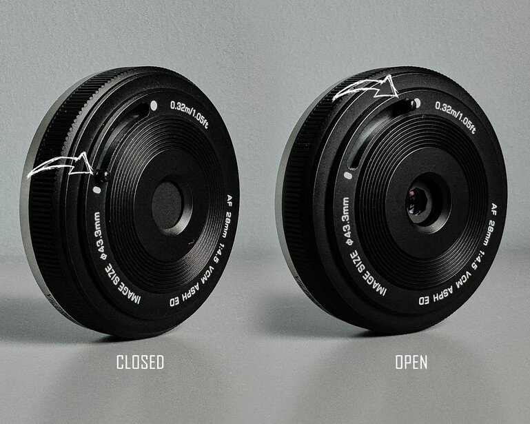 Two identical black camera lenses shown side-by-side with aperture closed on left and open on right.