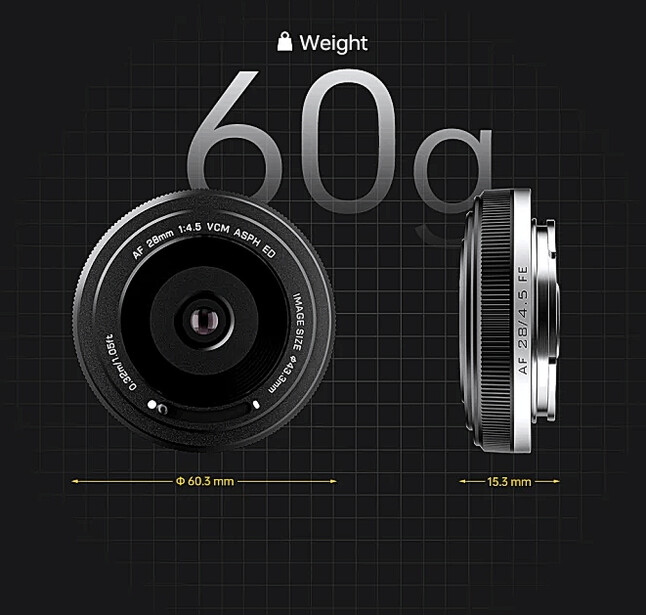 Technical illustration of a compact camera lens shown from front and side angles with 60g weight and dimension specifications.