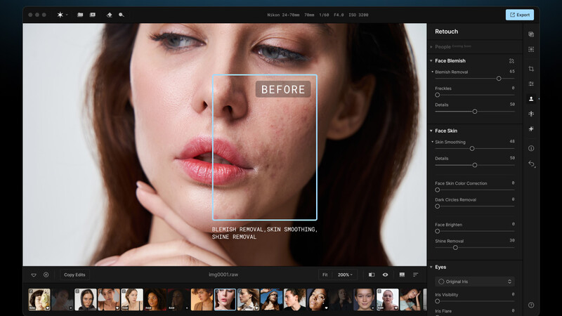 Screenshot of portrait retouching software showing before and after skin smoothing adjustments on a woman's face.