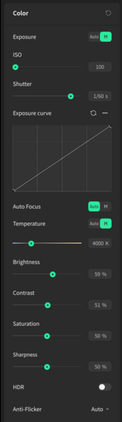 Screenshot of a color grading interface showing exposure and curves adjustments with multiple sliders.