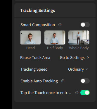 Screenshot of tracking settings interface showing smart composition options, tracking speed controls, and auto-tracking toggles.