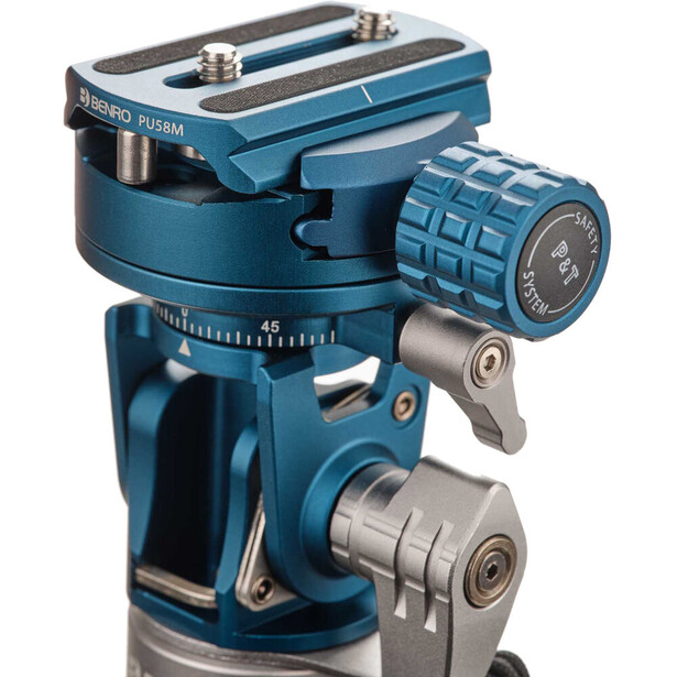 Blue fluid head tripod mount with adjustable pan and tilt mechanisms and precision dial controls.