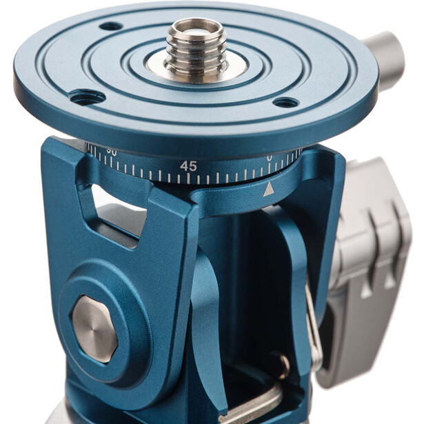 Blue ball head tripod mount with degree markings and adjustment knob shown in detail.