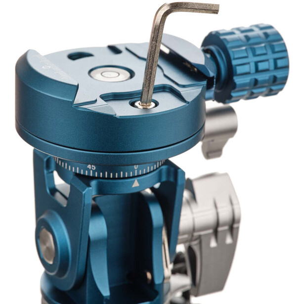 Blue tripod ball head with friction control knob and spirit level on top.