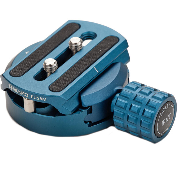 Blue ball head tripod mount with quick-release plate and friction grip knob.