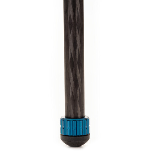Close-up of a tripod leg base with blue rubber grip collar and black foot against white background.