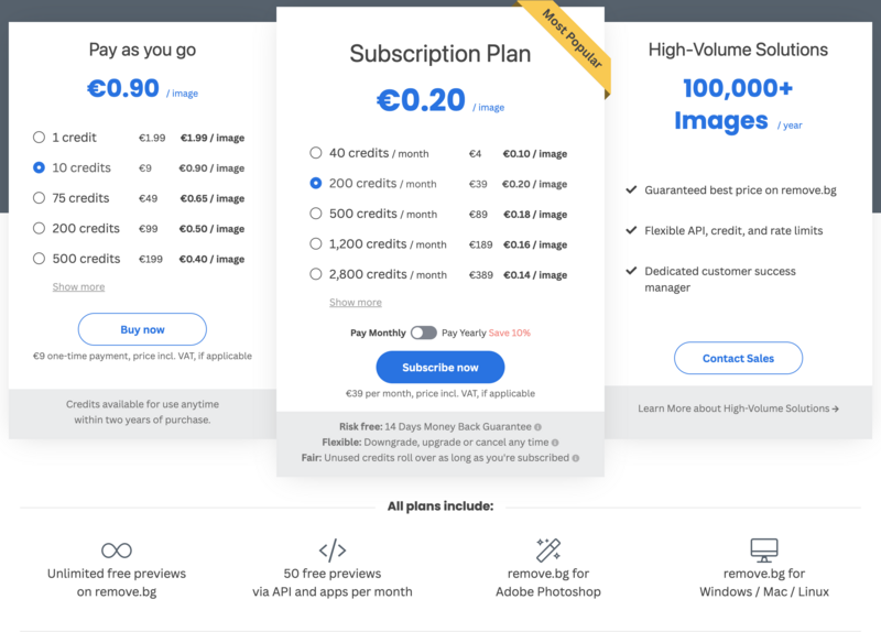 Screenshot of a pricing page displaying three subscription tiers for image credits.