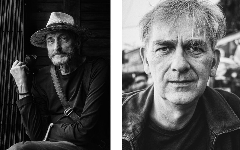 Two black and white portrait photographs of men with weathered faces and gray hair, showing different angles and lighting approaches.