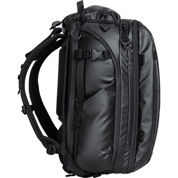 Black weatherproof backpack with padded straps and multiple compartments, shown from the side angle.