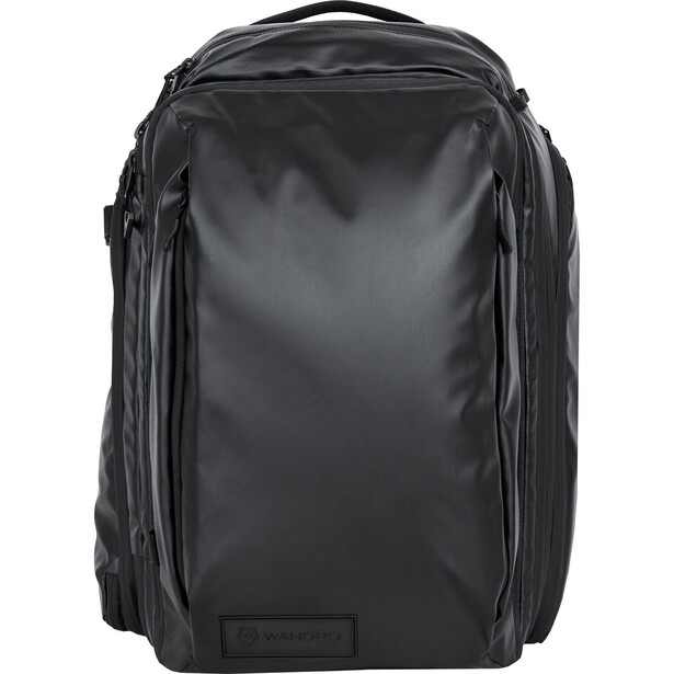 Black travel backpack with multiple compartments and top carry handles shown against a white background.
