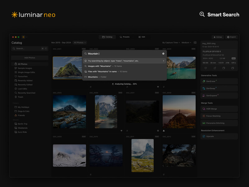 Screenshot of Luminar Neo's interface displaying a grid of landscape photographs with a mountain peak image featured in the preview panel.