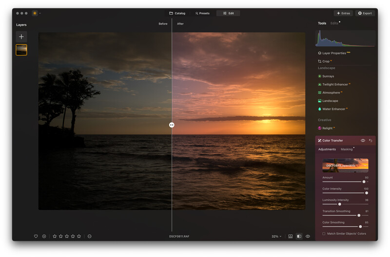 Screenshot of photo editing software showing sunset image comparison with adjustment panels.