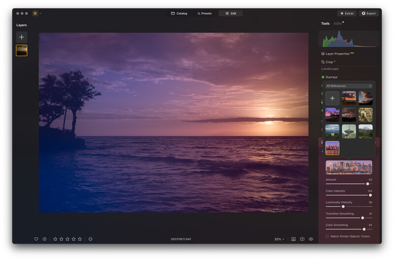 Screenshot of photo editing software displaying a sunset seascape with purple and gold tones.