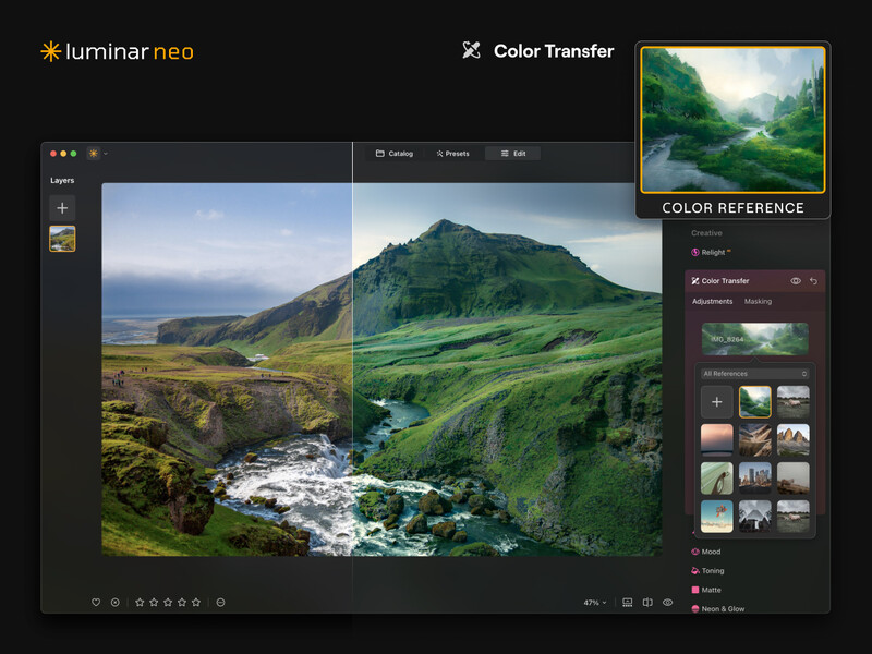 Screenshot of Luminar Neo's Color Transfer tool comparing two landscape photographs side by side.