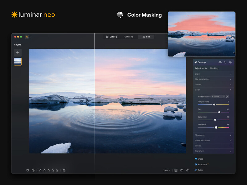 Screenshot of Luminar Neo color masking tool applied to an icy landscape photograph.