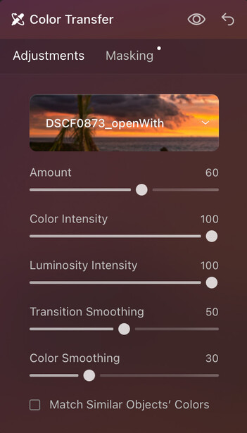 Screenshot of Color Transfer adjustment panel with sliders for amount, color intensity, luminosity intensity, transition smoothing, and color smoothing.