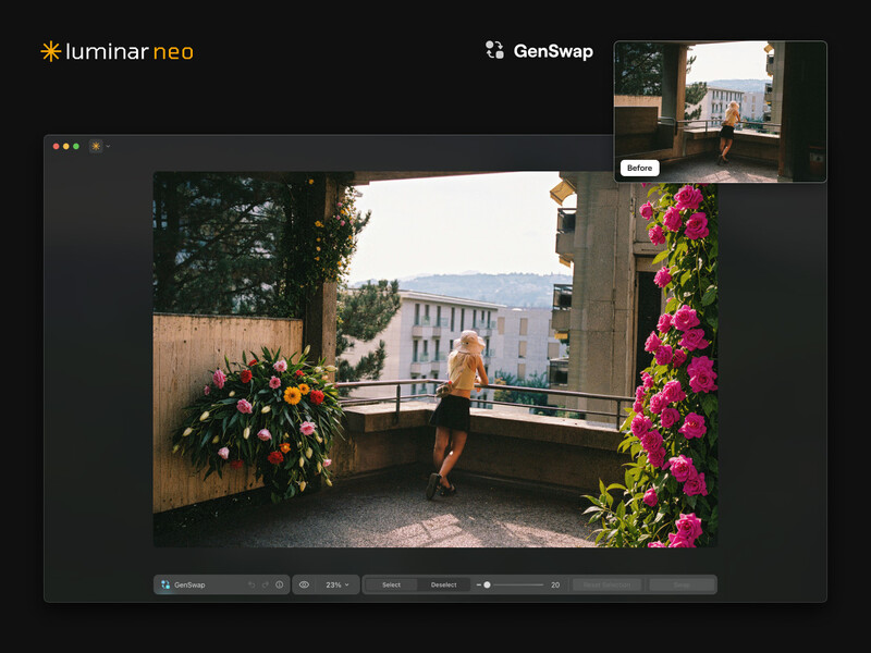 Screenshot of Luminar Neo photo editing software displaying a portrait of a woman jogging through an urban garden passage.