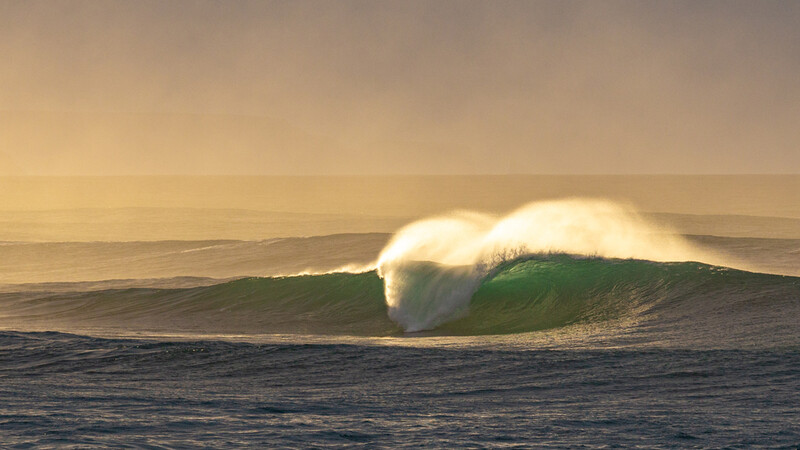Large ocean wave with white spray backlit by golden sunrise light.