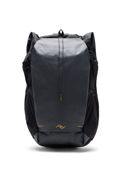 Black and gray camera backpack with top-loading design and padded compartments.