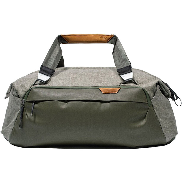 Two-tone camera bag with olive green lower section and gray upper section, featuring dual handles and front pocket.