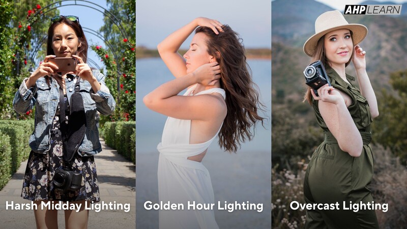 Three outdoor portrait photographs demonstrating harsh midday, golden hour, and overcast lighting techniques.