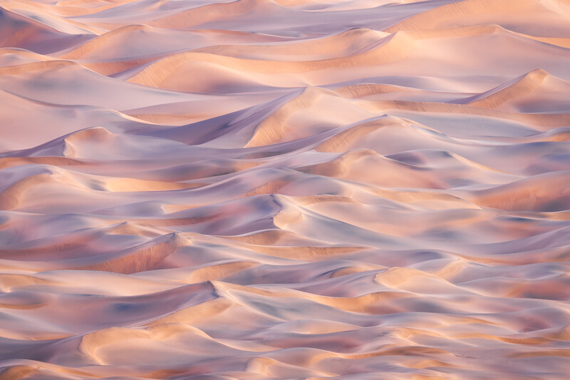 Sand dunes with undulating ridges lit by warm golden sunlight at sunrise or sunset.