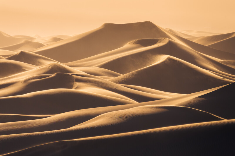 Golden sand dunes with dramatic shadows under warm, hazy sunlight.