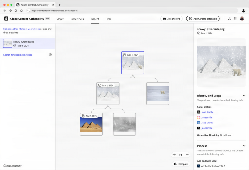 Screenshot of Adobe Content Authenticity Manager interface showing image lineage and editing history.