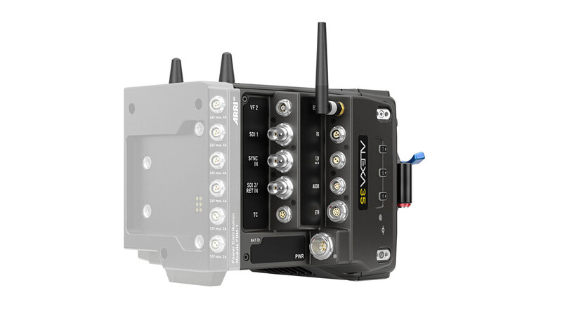 Wireless receiver module with multiple input connectors and antennas mounted on articulated arm.