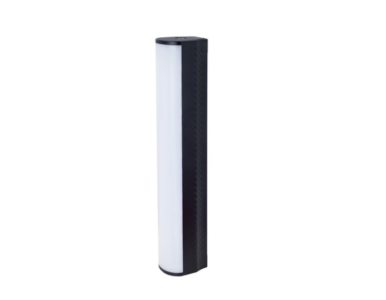 Cylindrical air filter with white pleated filter media and black end caps.