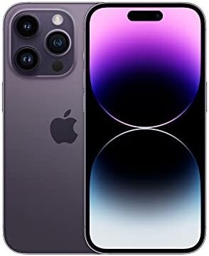 iPhone 14 Pro Max in deep purple with triple-lens camera system and notch display.