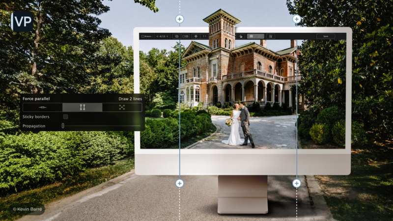 Screenshot of photo editing software showing a wedding couple posing in front of a brick mansion with adjustment panels visible.