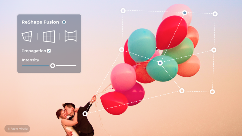 Screenshot of ReShape Fusion interface showing 3D shape manipulation controls with a person directing colorful spheres.