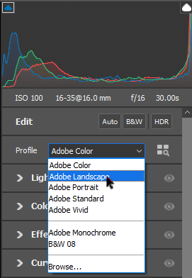 Screenshot of Adobe Lightroom's Develop module showing a histogram and color profile dropdown menu.