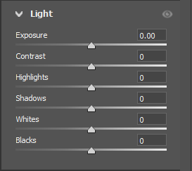 Screenshot of Light adjustment panel showing Exposure, Contrast, Highlights, Shadows, Whites, and Blacks sliders all set to zero.